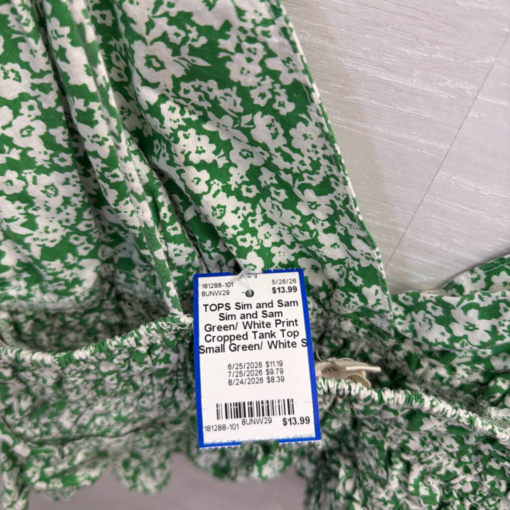 Sim and Sam Green/ White Print Cropped Tank Top Small