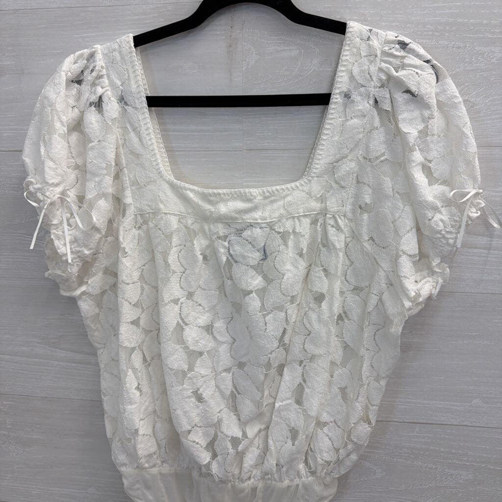 Intimately Free People White Sheer Lace Short Puff Sleeve Bodysuit Medium