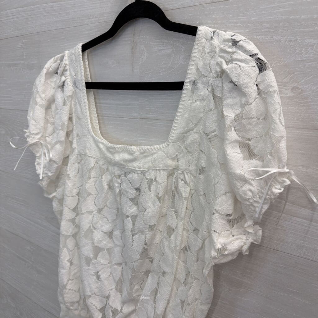 Intimately Free People White Sheer Lace Short Puff Sleeve Bodysuit Medium