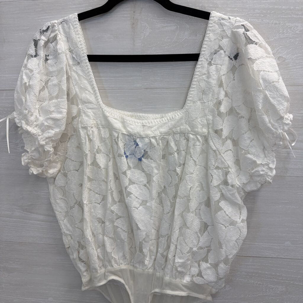 Intimately Free People White Sheer Lace Short Puff Sleeve Bodysuit Medium