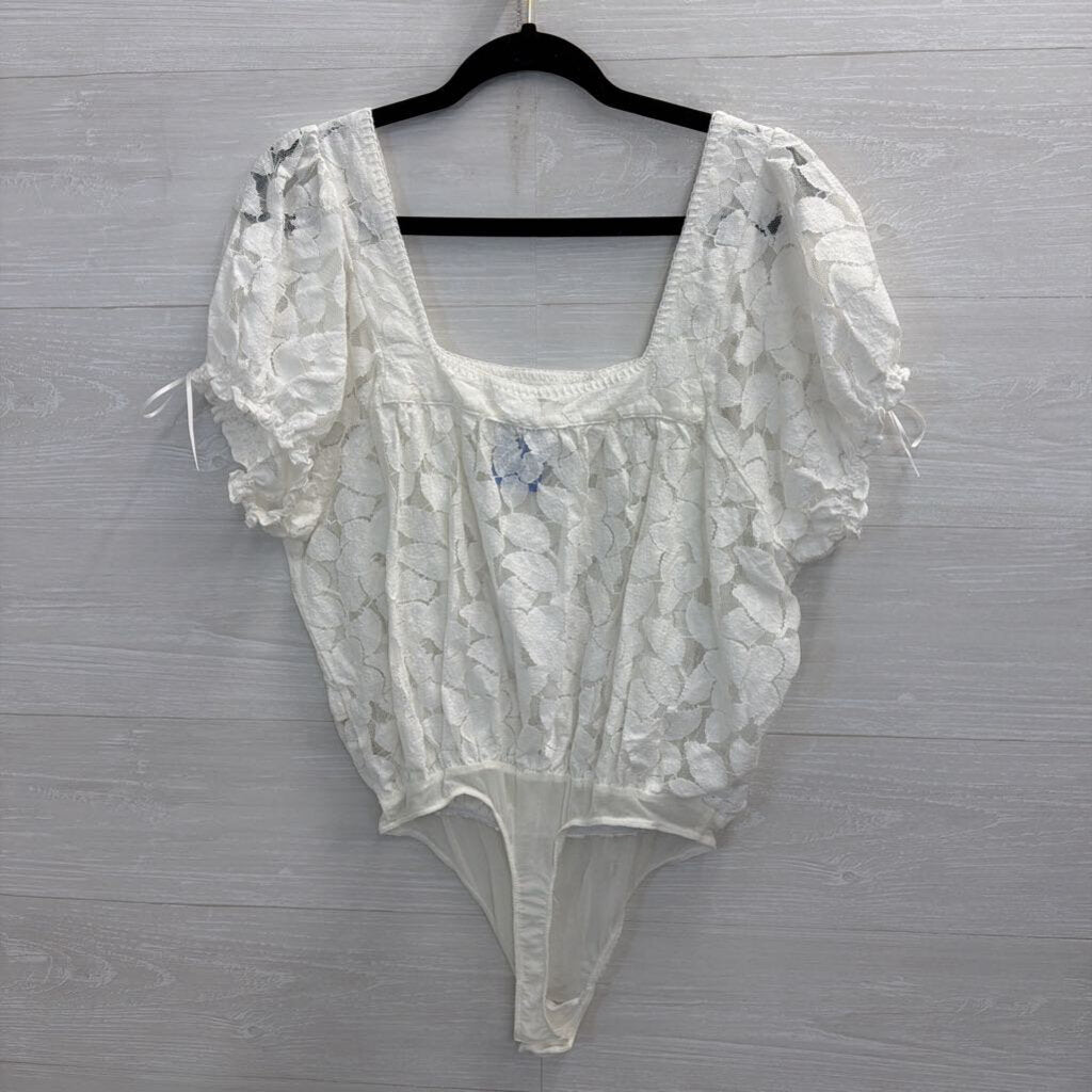 Intimately Free People White Sheer Lace Short Puff Sleeve Bodysuit Medium