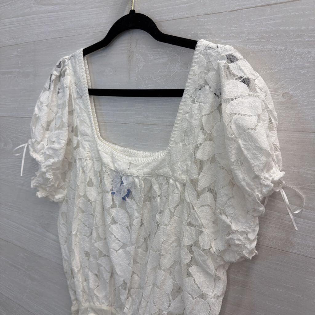 Intimately Free People White Sheer Lace Short Puff Sleeve Bodysuit Medium
