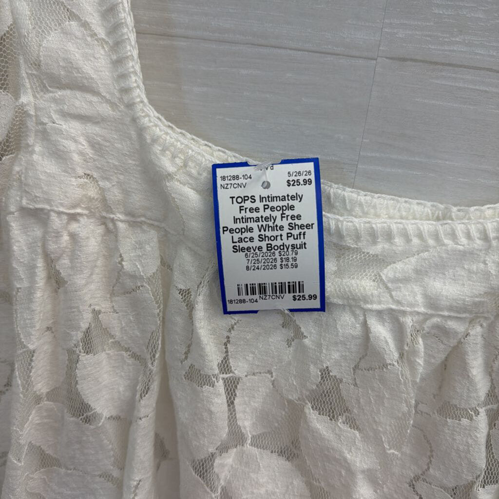 Intimately Free People White Sheer Lace Short Puff Sleeve Bodysuit Medium