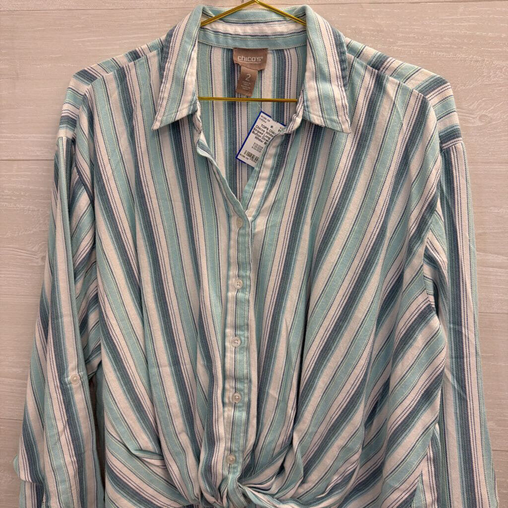 Chicos White/ Blue Striped Long Sleeve Button Down Top 2