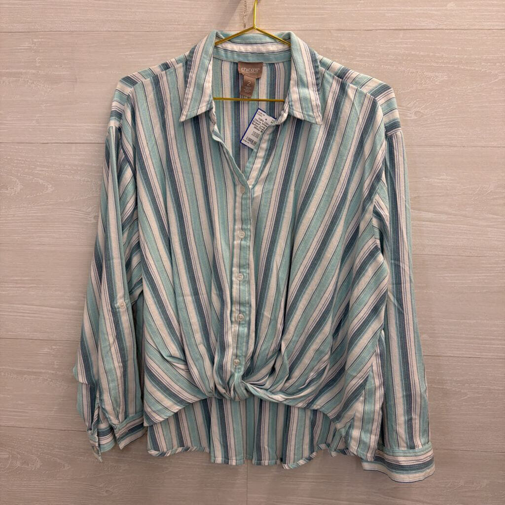 Chicos White/ Blue Striped Long Sleeve Button Down Top 2