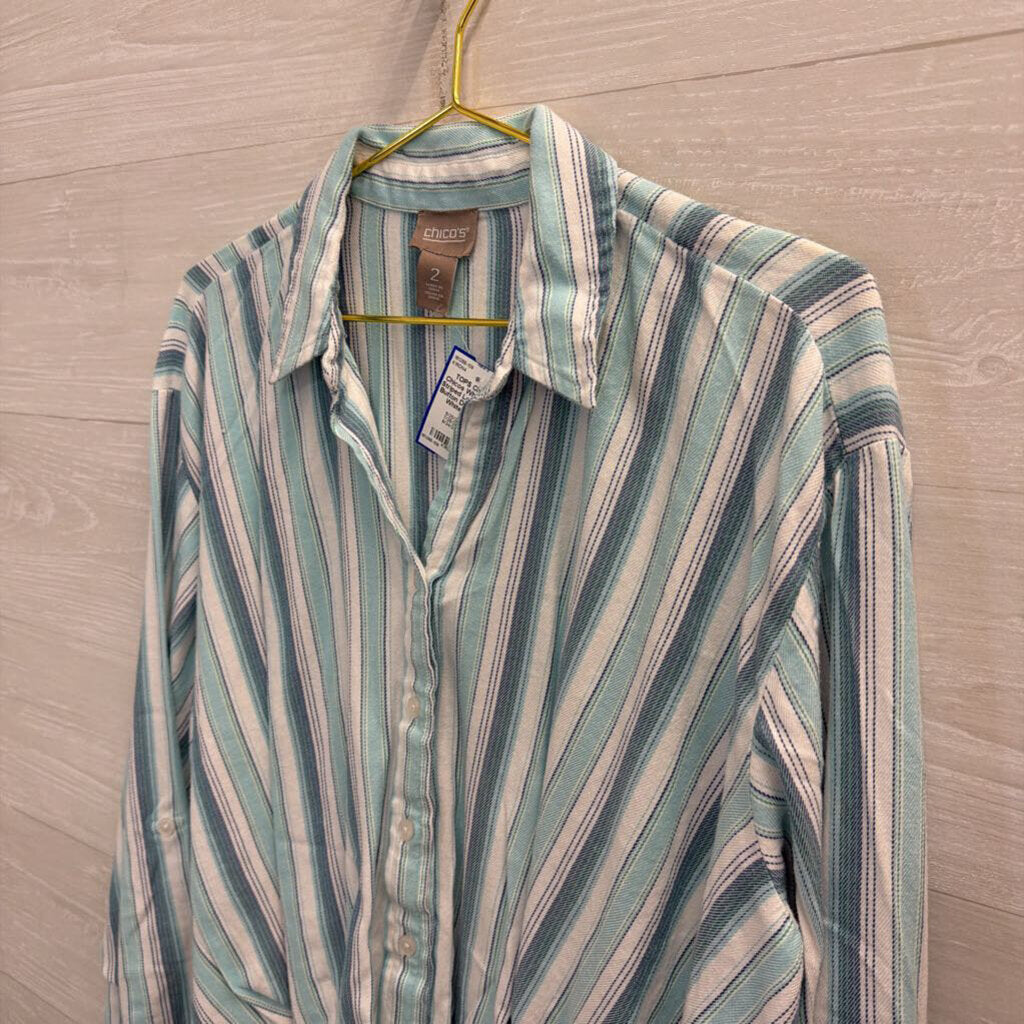 Chicos White/ Blue Striped Long Sleeve Button Down Top 2