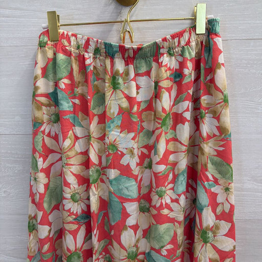 Vintage Southern Lady Red/ Beige Floral Print Midi Skirt Large