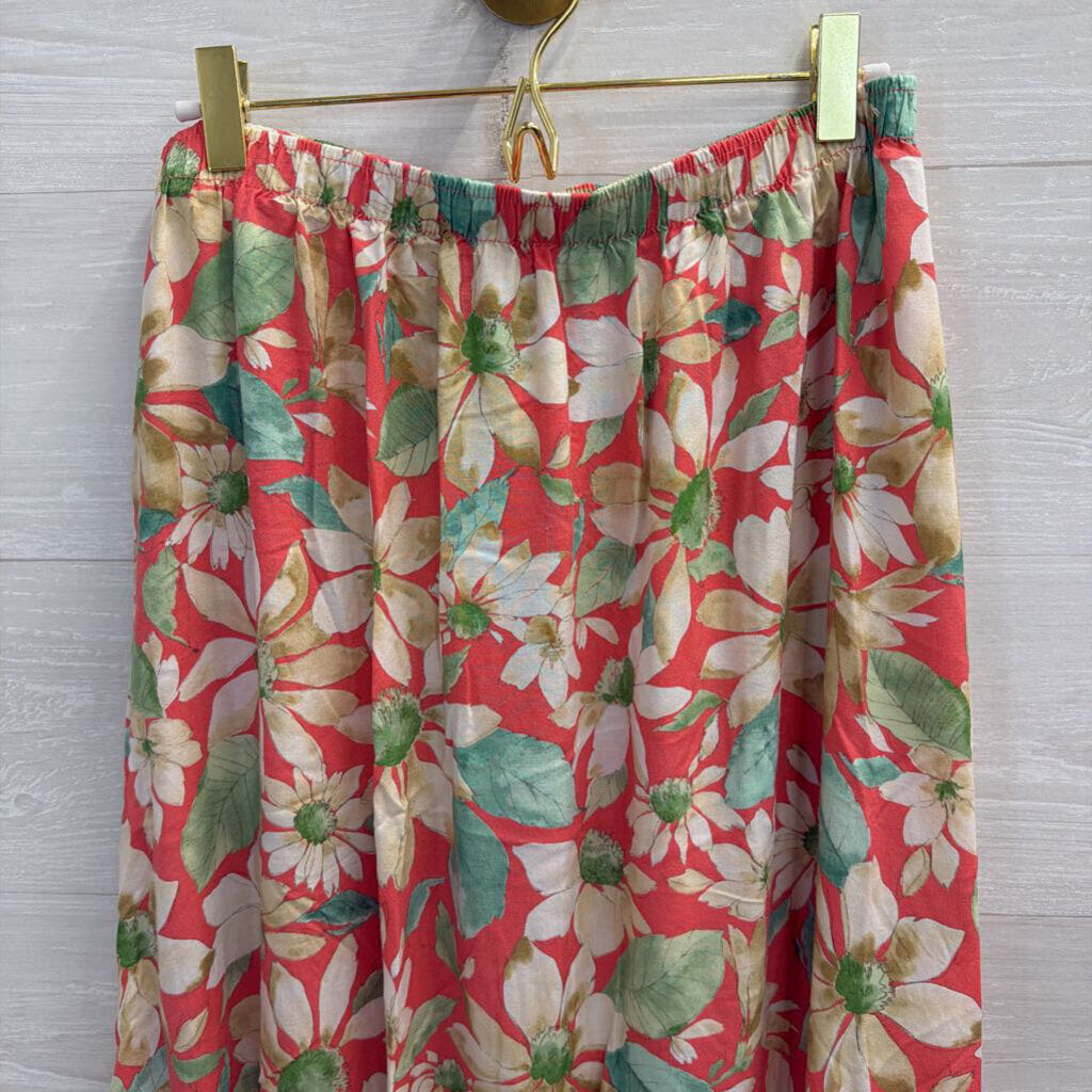 Vintage Southern Lady Red/ Beige Floral Print Midi Skirt Large