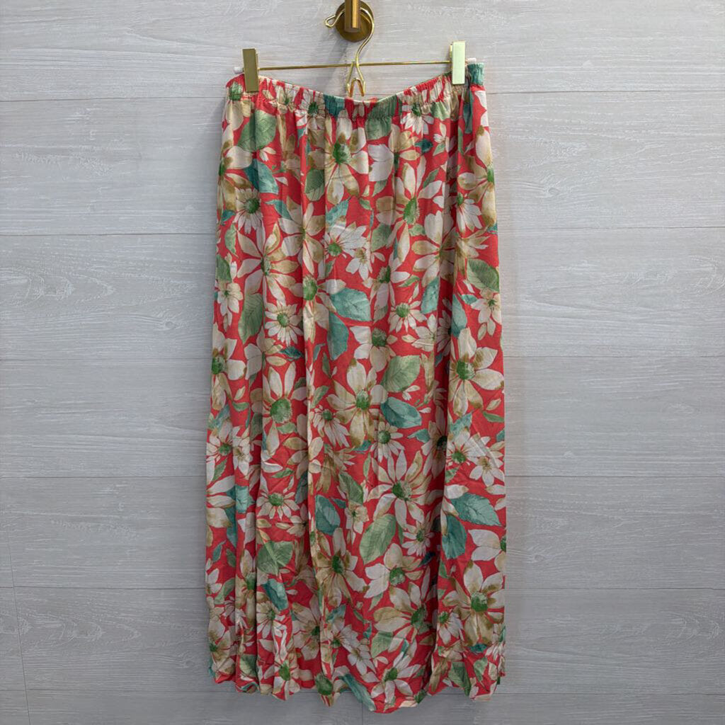 Vintage Southern Lady Red/ Beige Floral Print Midi Skirt Large