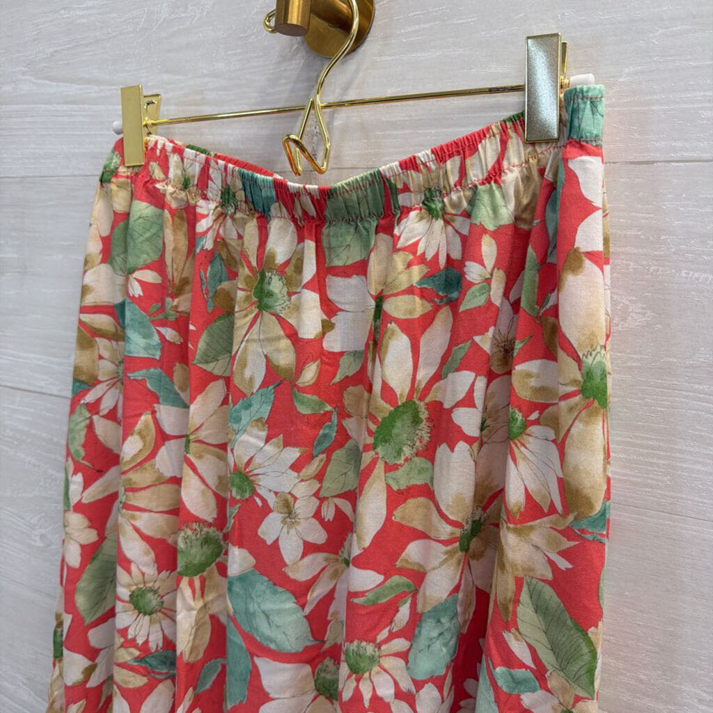 Vintage Southern Lady Red/ Beige Floral Print Midi Skirt Large