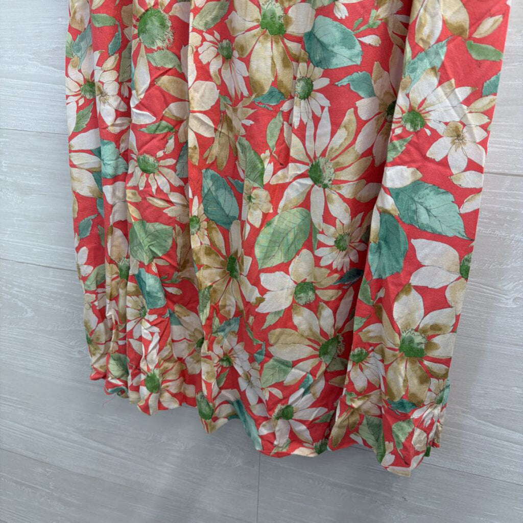 Vintage Southern Lady Red/ Beige Floral Print Midi Skirt Large