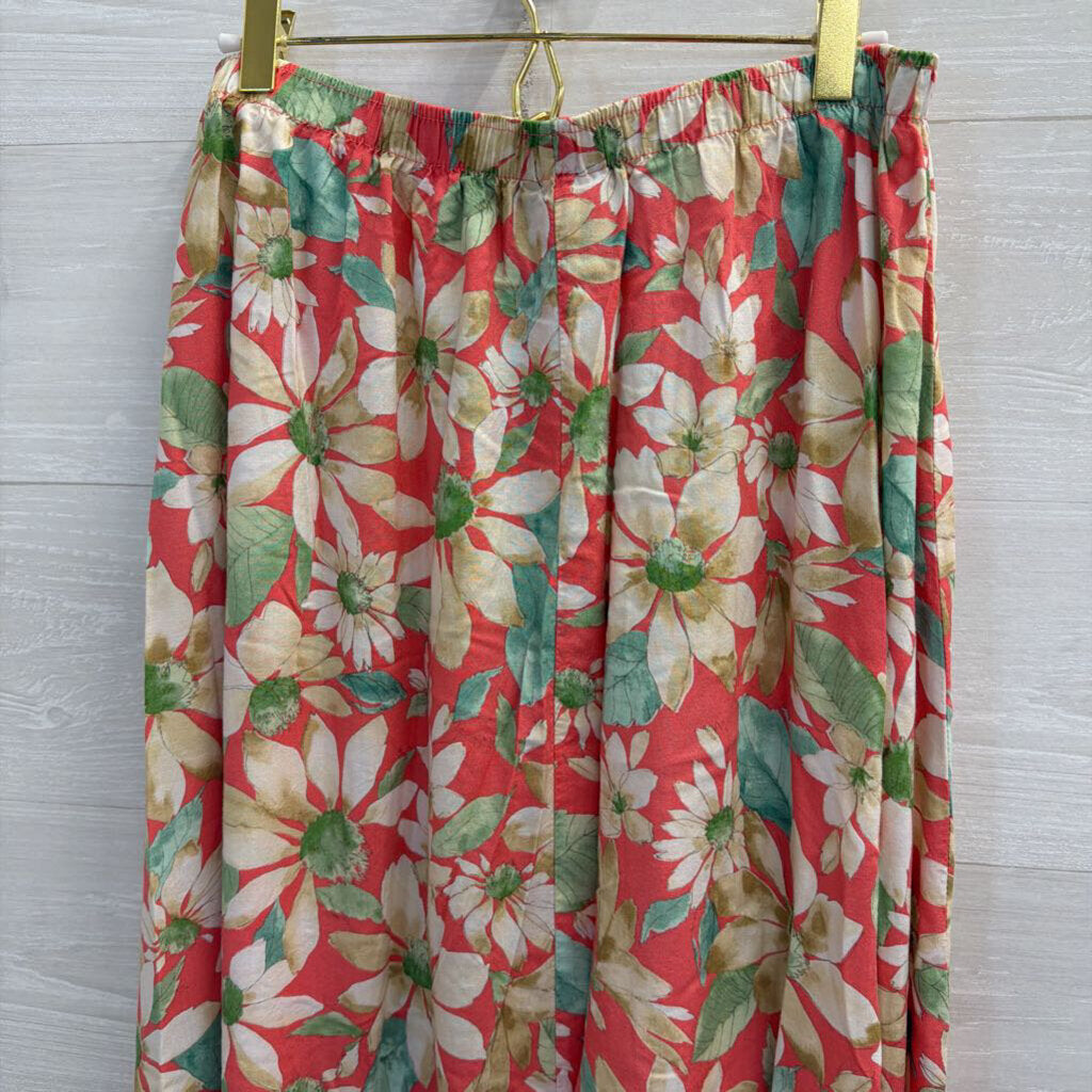 Vintage Southern Lady Red/ Beige Floral Print Midi Skirt Large