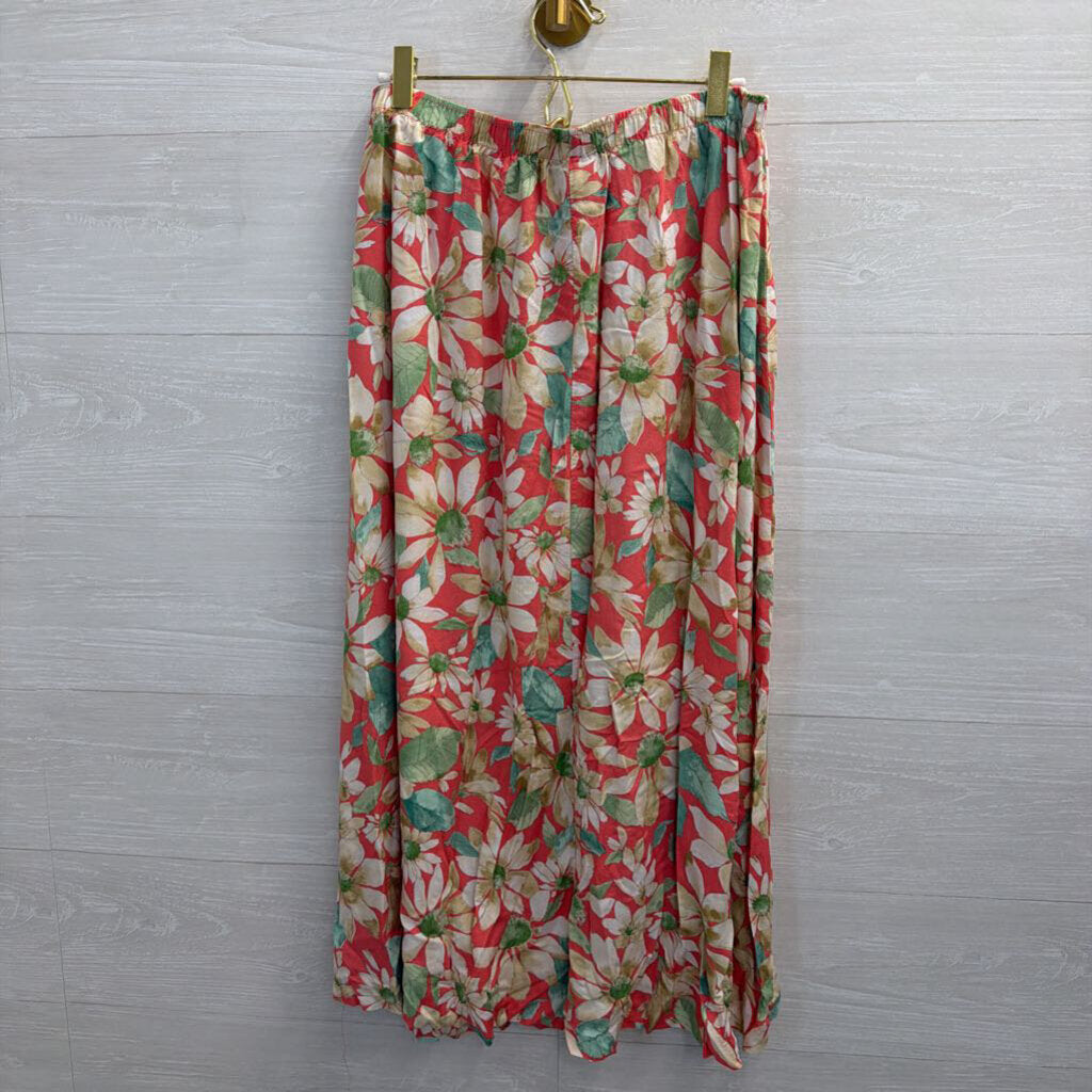 Vintage Southern Lady Red/ Beige Floral Print Midi Skirt Large