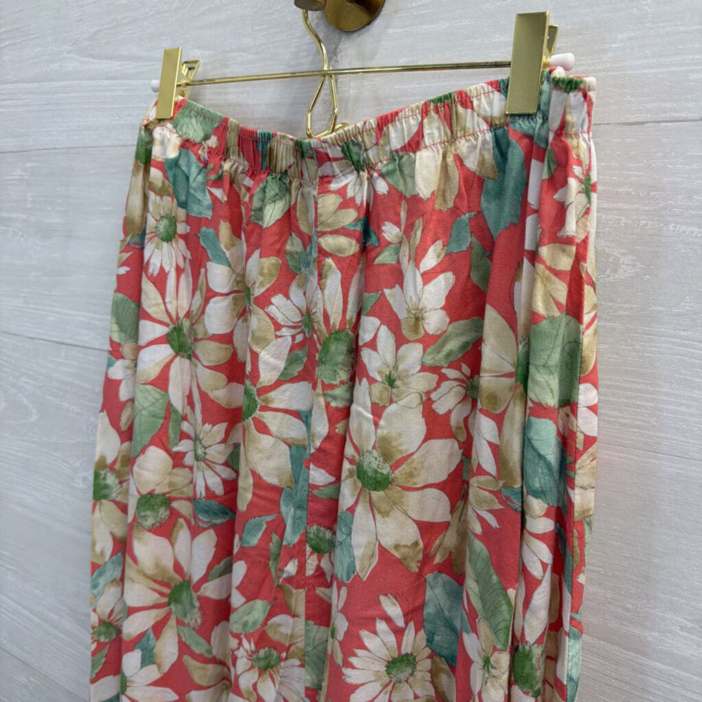 Vintage Southern Lady Red/ Beige Floral Print Midi Skirt Large