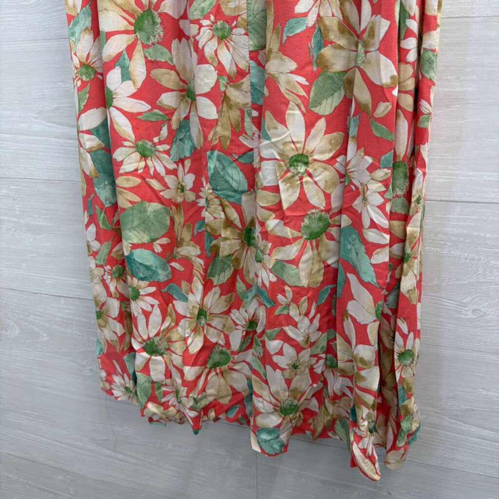 Vintage Southern Lady Red/ Beige Floral Print Midi Skirt Large