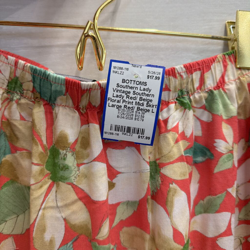 Vintage Southern Lady Red/ Beige Floral Print Midi Skirt Large