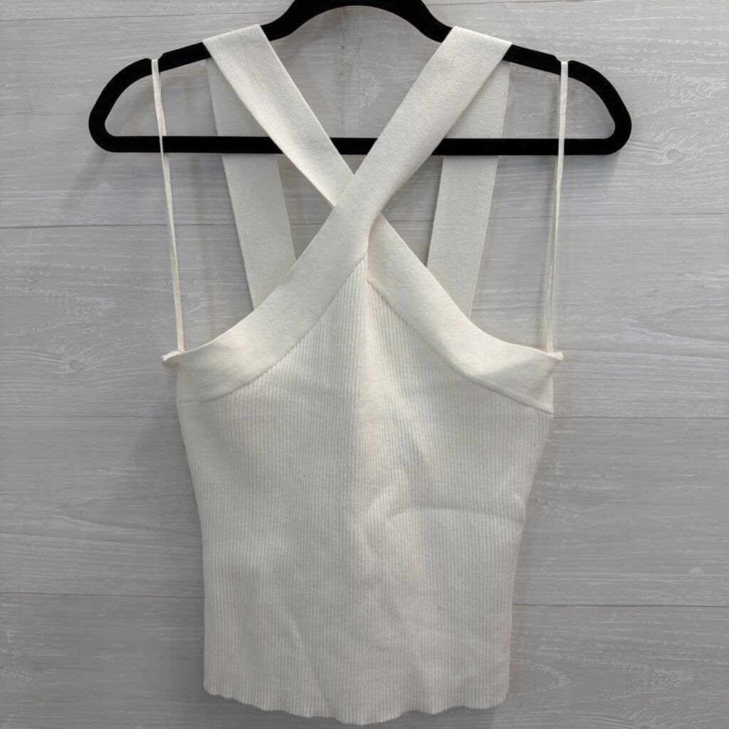 Fab'rik White Ribbed Cross Neck Cropped Tank Top Medium