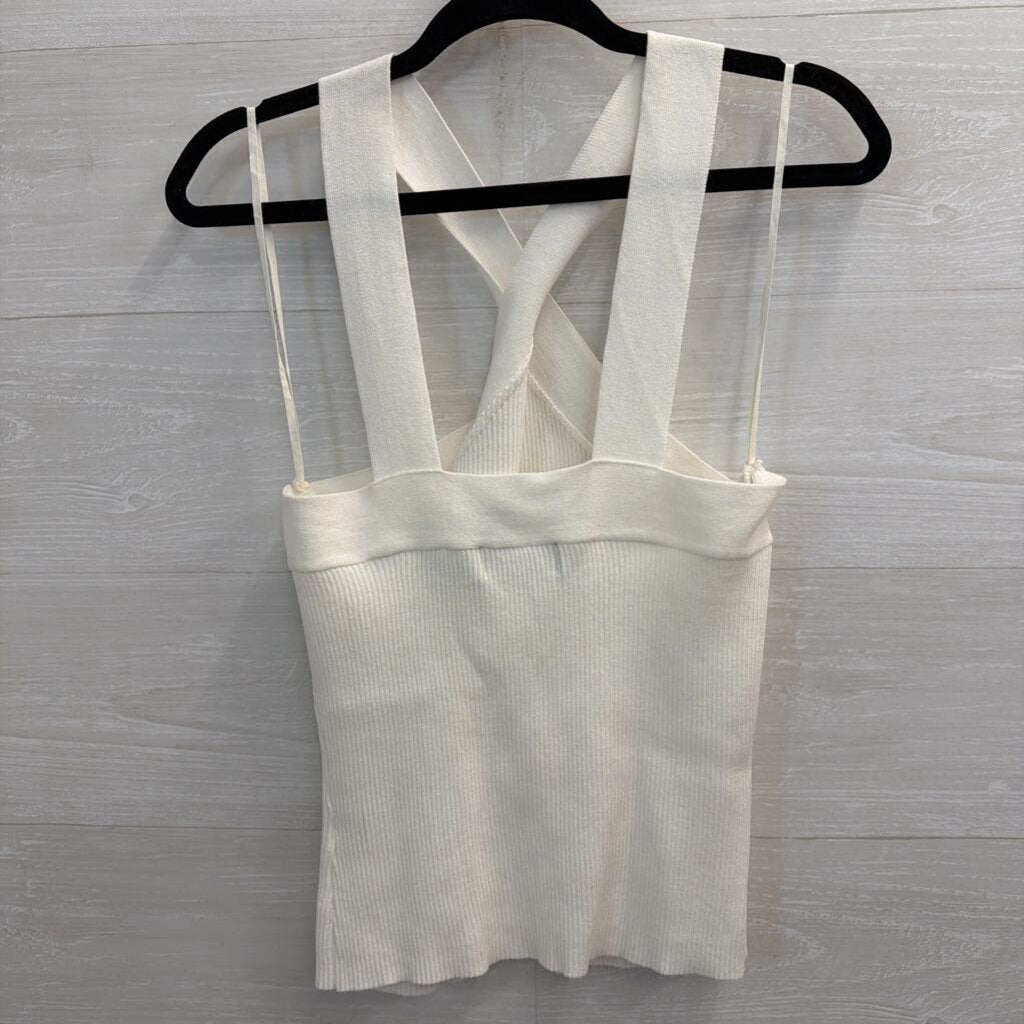Fab'rik White Ribbed Cross Neck Cropped Tank Top Medium