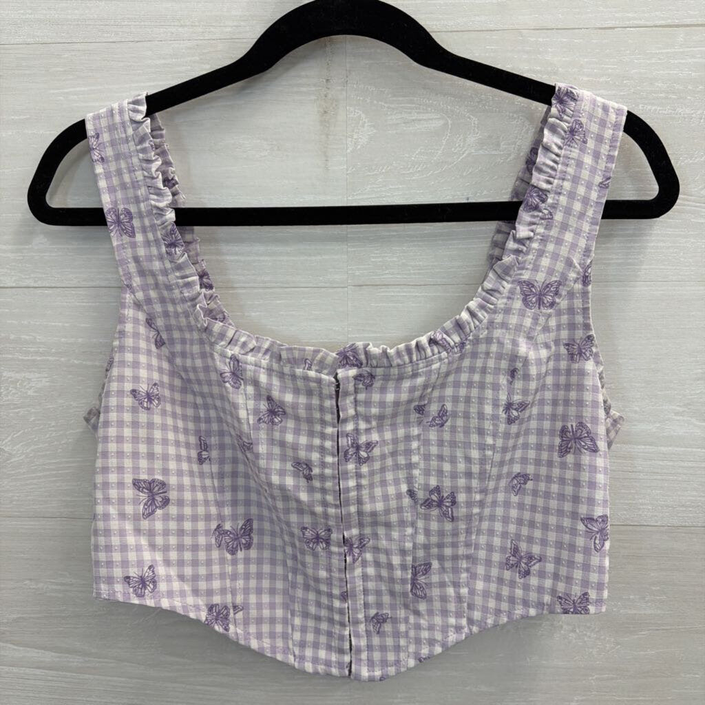 Elodie Purple/ White Gingham Butterfly Print Cropped Tank Top Medium