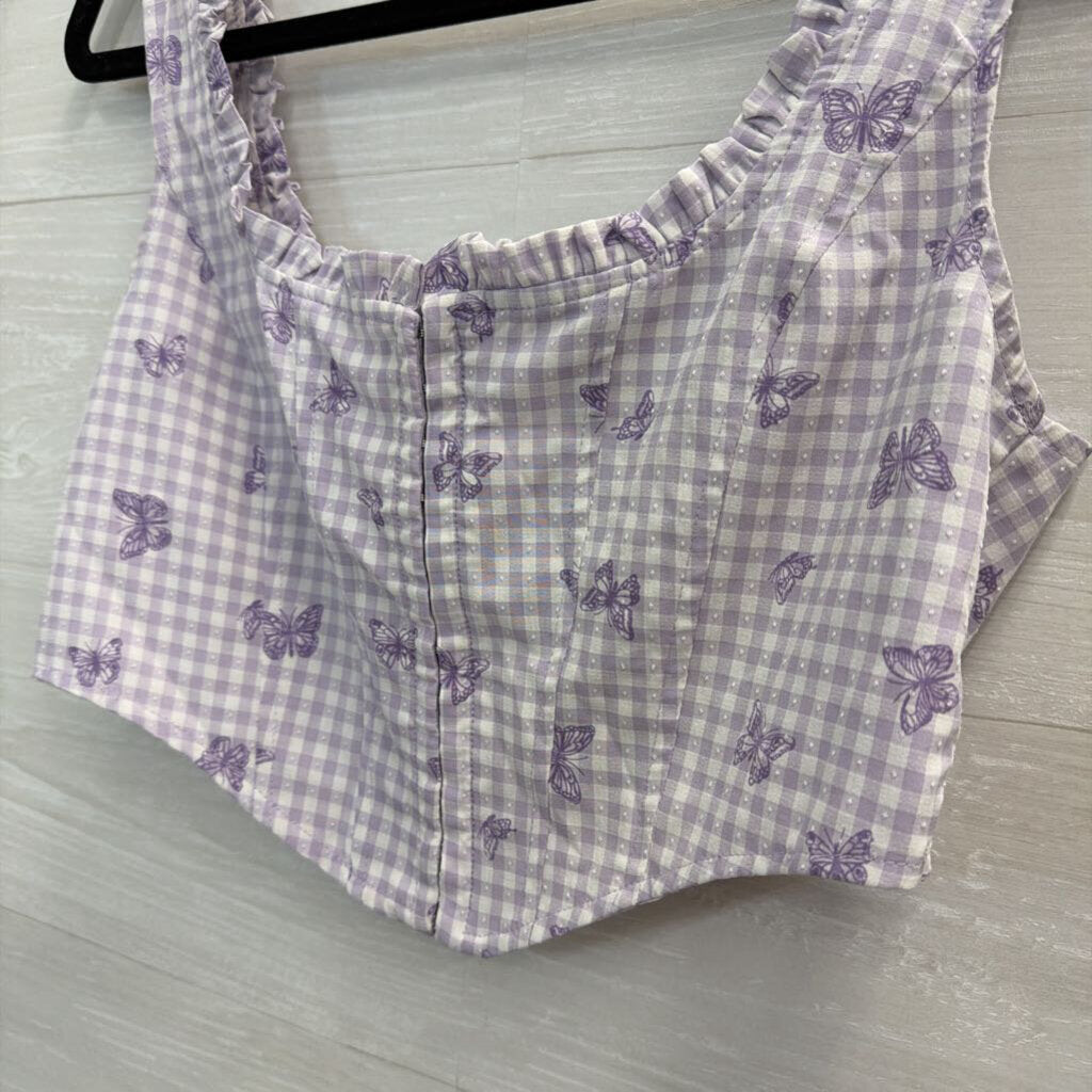Elodie Purple/ White Gingham Butterfly Print Cropped Tank Top Medium