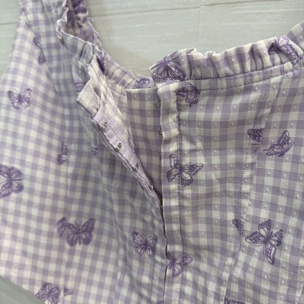 Elodie Purple/ White Gingham Butterfly Print Cropped Tank Top Medium