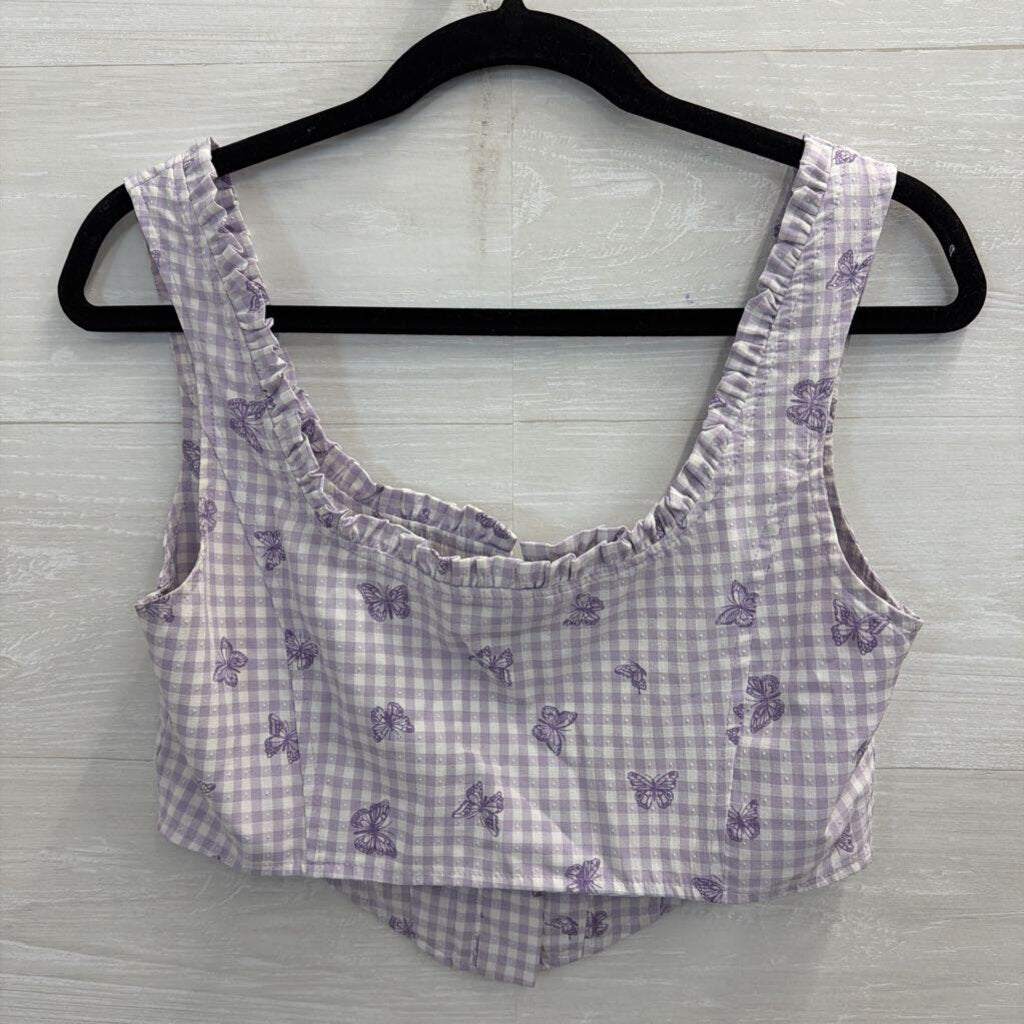 Elodie Purple/ White Gingham Butterfly Print Cropped Tank Top Medium