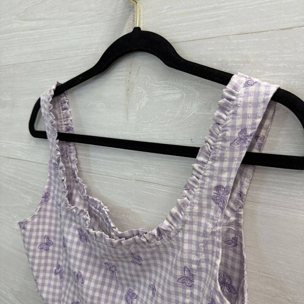 Elodie Purple/ White Gingham Butterfly Print Cropped Tank Top Medium