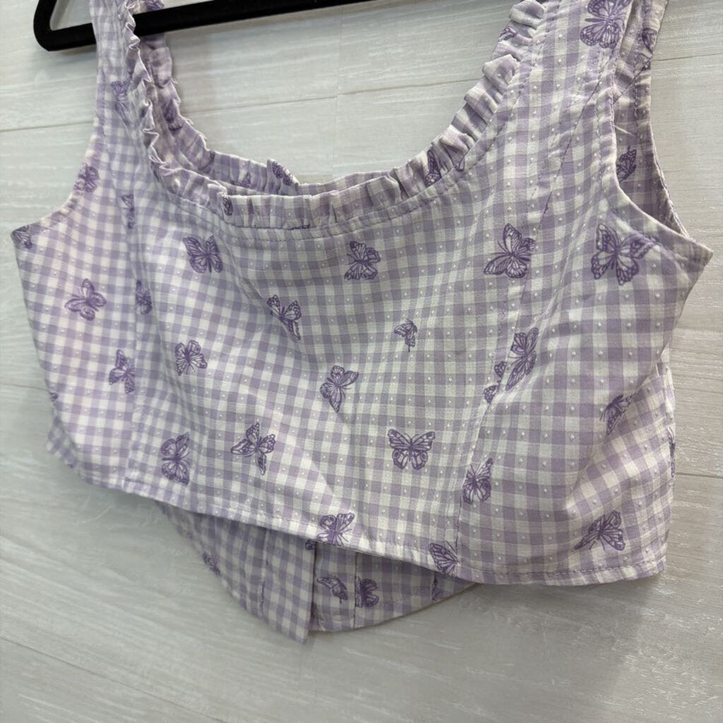 Elodie Purple/ White Gingham Butterfly Print Cropped Tank Top Medium
