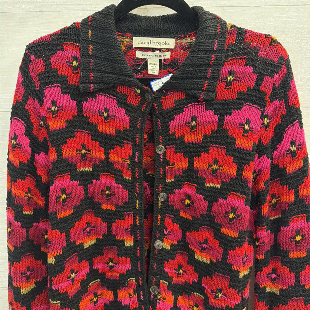 Vintage David Brooks Black/ Multi Knit Print Cardigan Sweater Small Petite