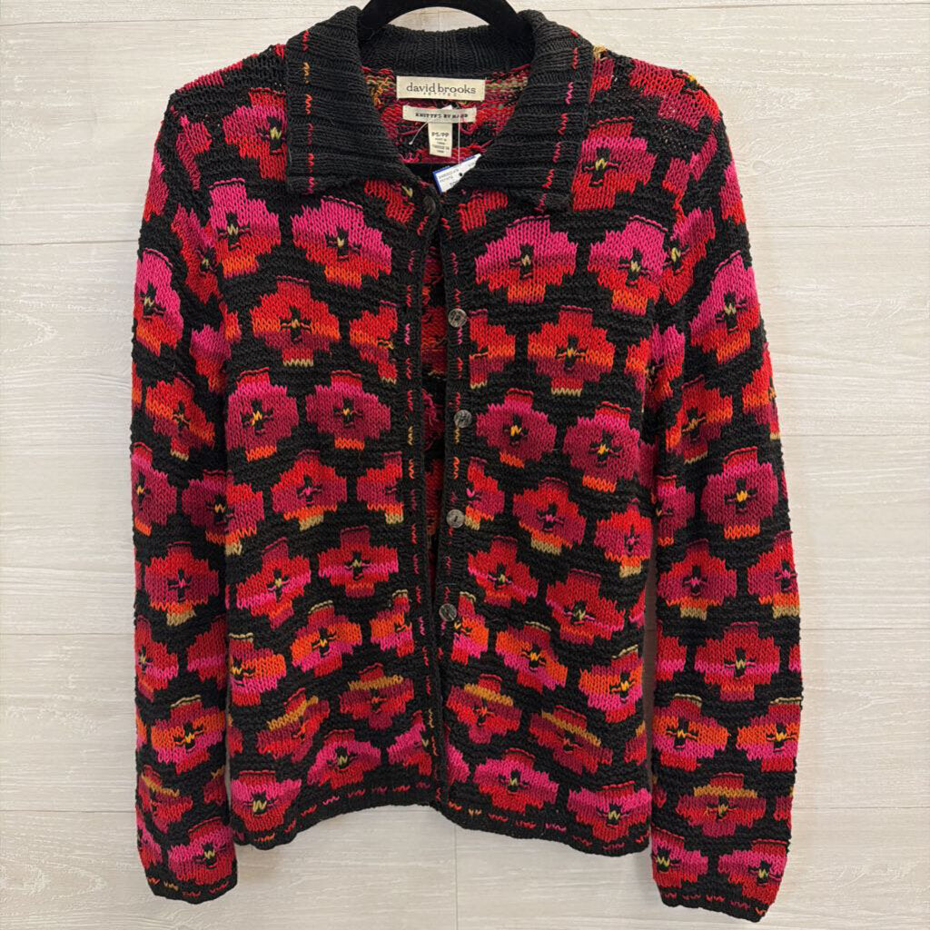 Vintage David Brooks Black/ Multi Knit Print Cardigan Sweater Small Petite