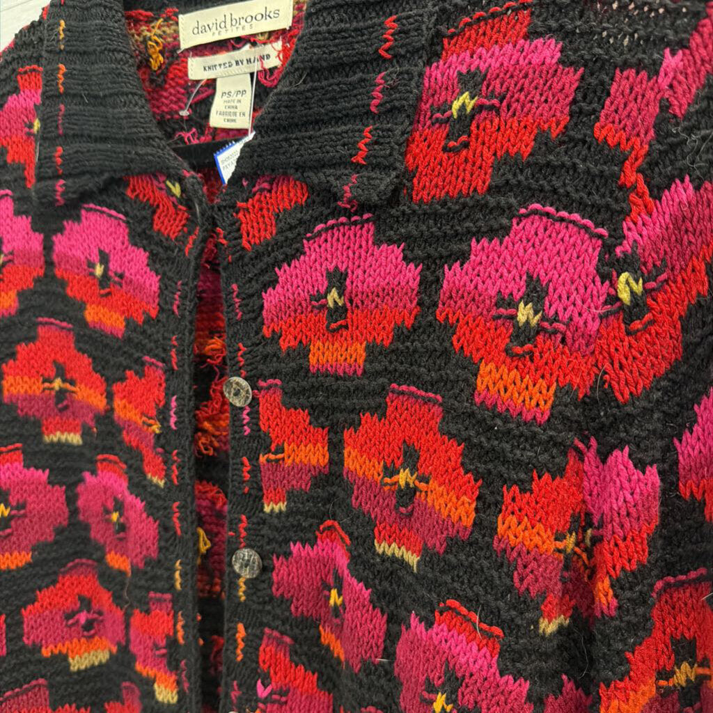 Vintage David Brooks Black/ Multi Knit Print Cardigan Sweater Small Petite