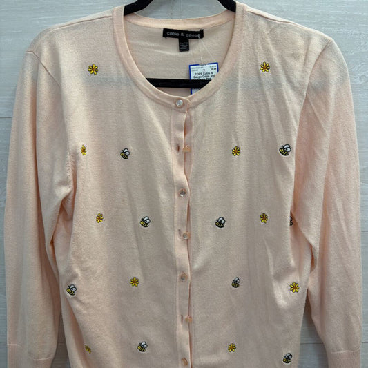 Cable and Gauge Pink Embroidered Flower Bee Cardigan Sweater Extra Large