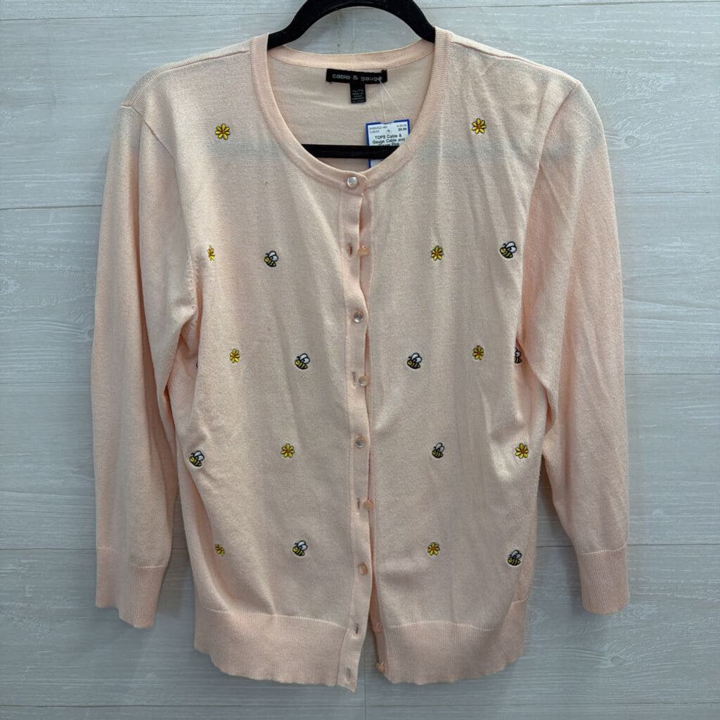 Cable and Gauge Pink Embroidered Flower Bee Cardigan Sweater Extra Large
