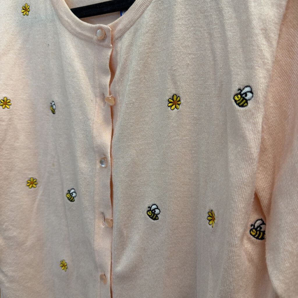 Cable and Gauge Pink Embroidered Flower Bee Cardigan Sweater Extra Large