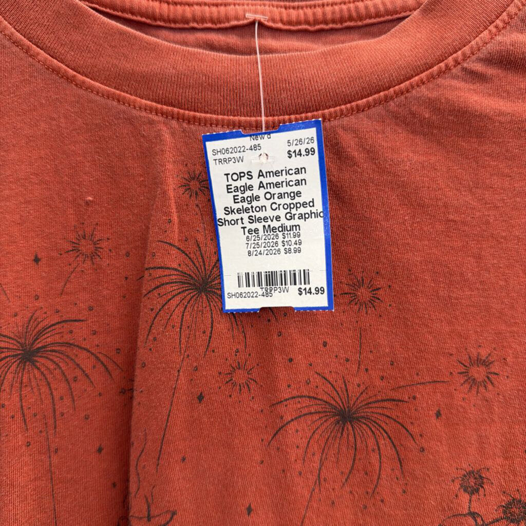American Eagle Orange Skeleton Cropped Short Sleeve Graphic Tee Medium