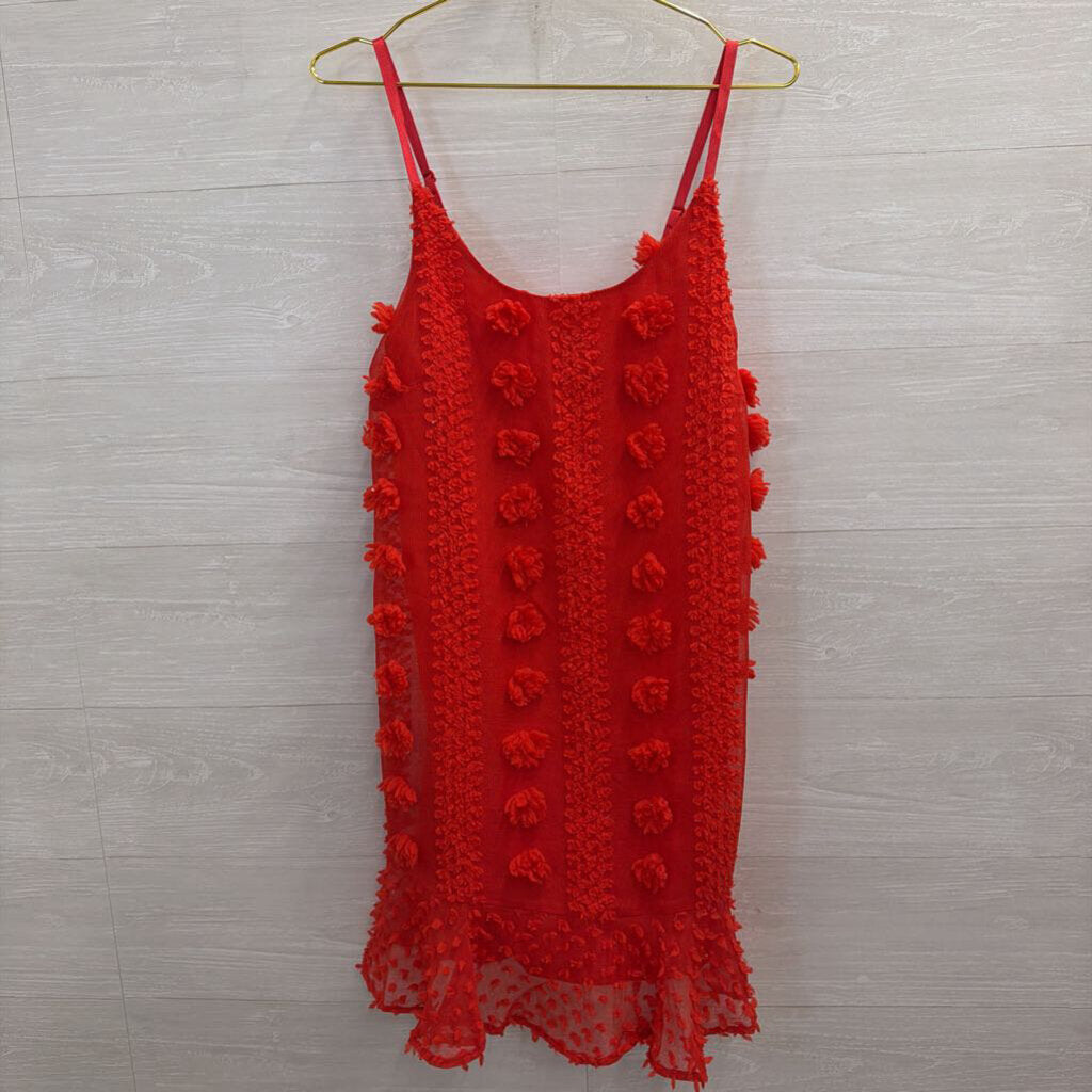 Red Pom Pom Textured Sleeveless Shift Dress Medium