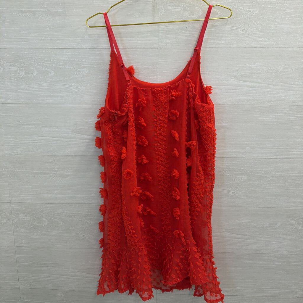 Red Pom Pom Textured Sleeveless Shift Dress Medium