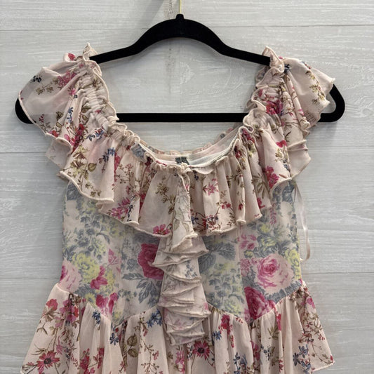 Anthropologie Pink/ Multi Floral Ruffle Detail Off Shoulder Top Small