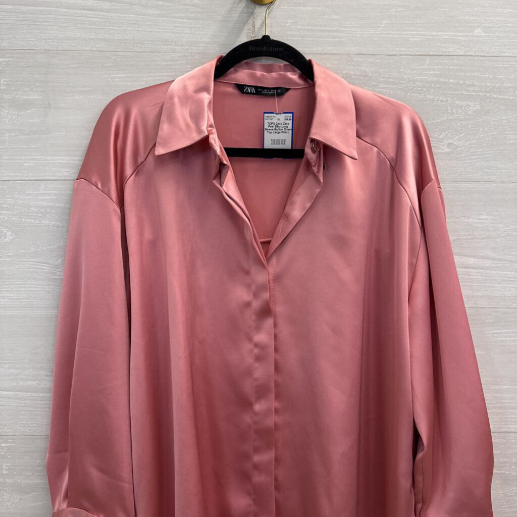 Zara Pink Silky Long Sleeve Button Down Top Large