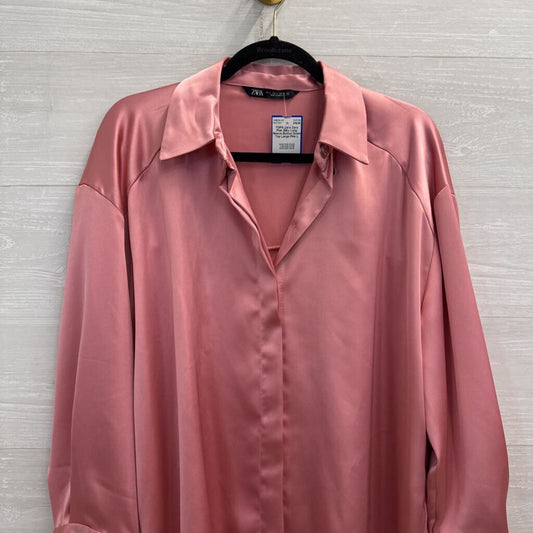 Zara Pink Silky Long Sleeve Button Down Top Large