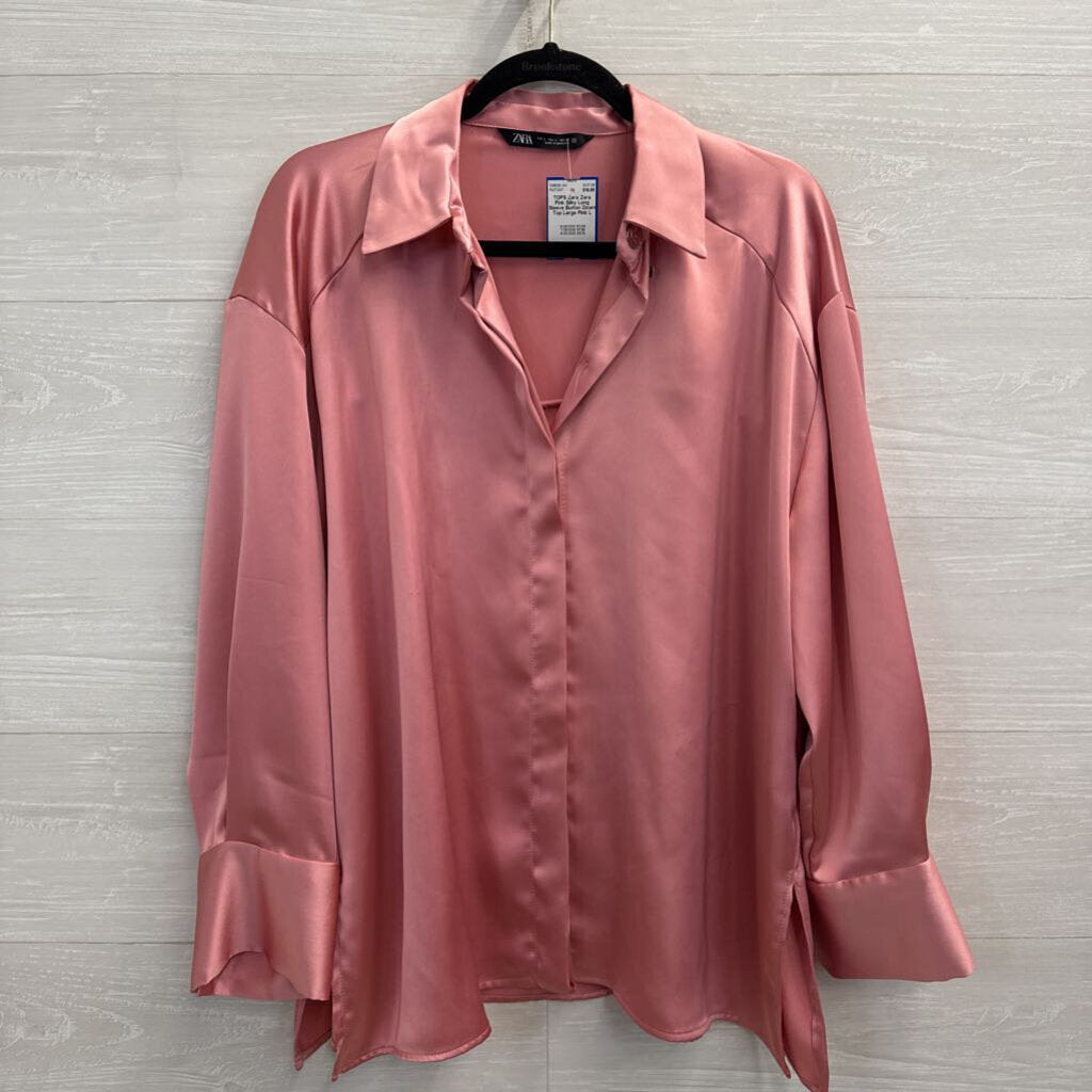 Zara Pink Silky Long Sleeve Button Down Top Large