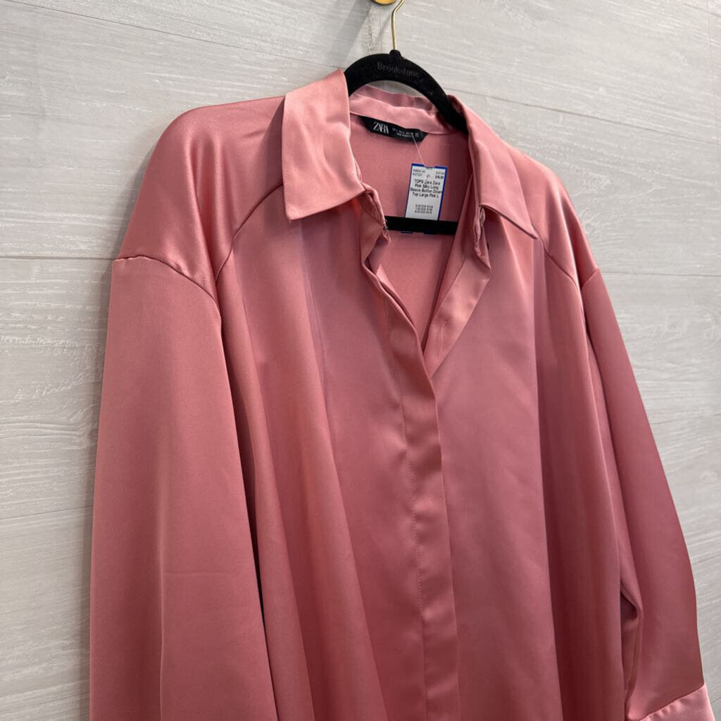 Zara Pink Silky Long Sleeve Button Down Top Large