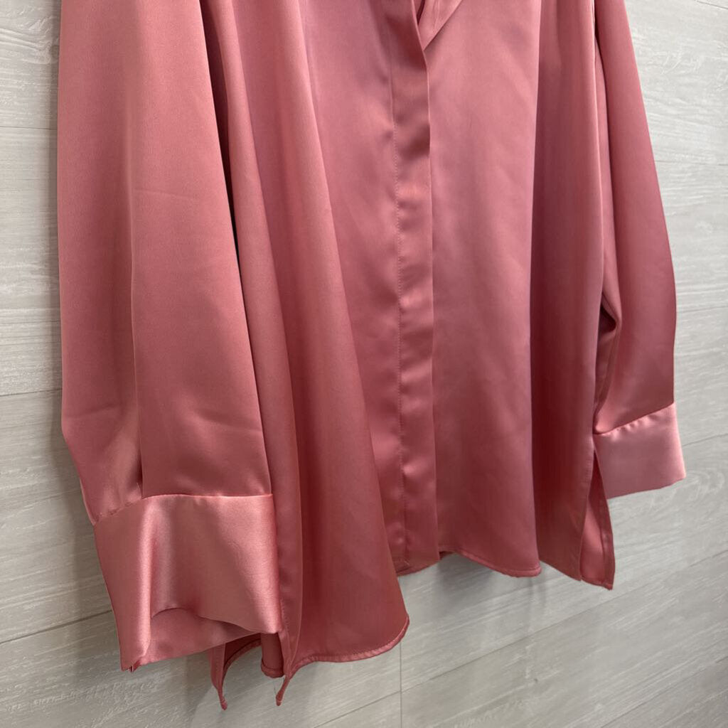Zara Pink Silky Long Sleeve Button Down Top Large