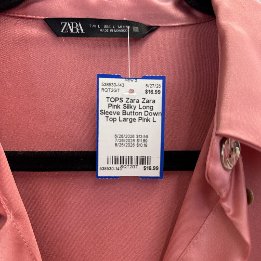 Zara Pink Silky Long Sleeve Button Down Top Large