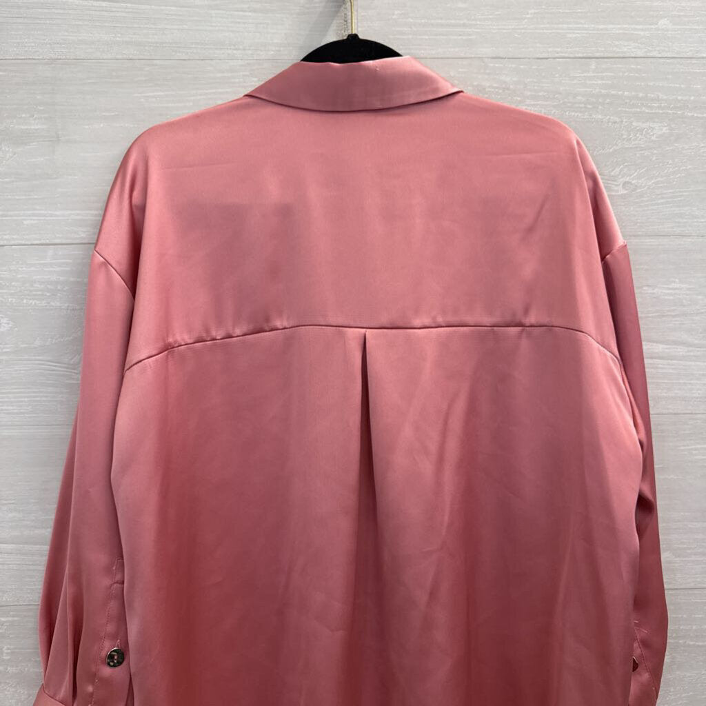 Zara Pink Silky Long Sleeve Button Down Top Large