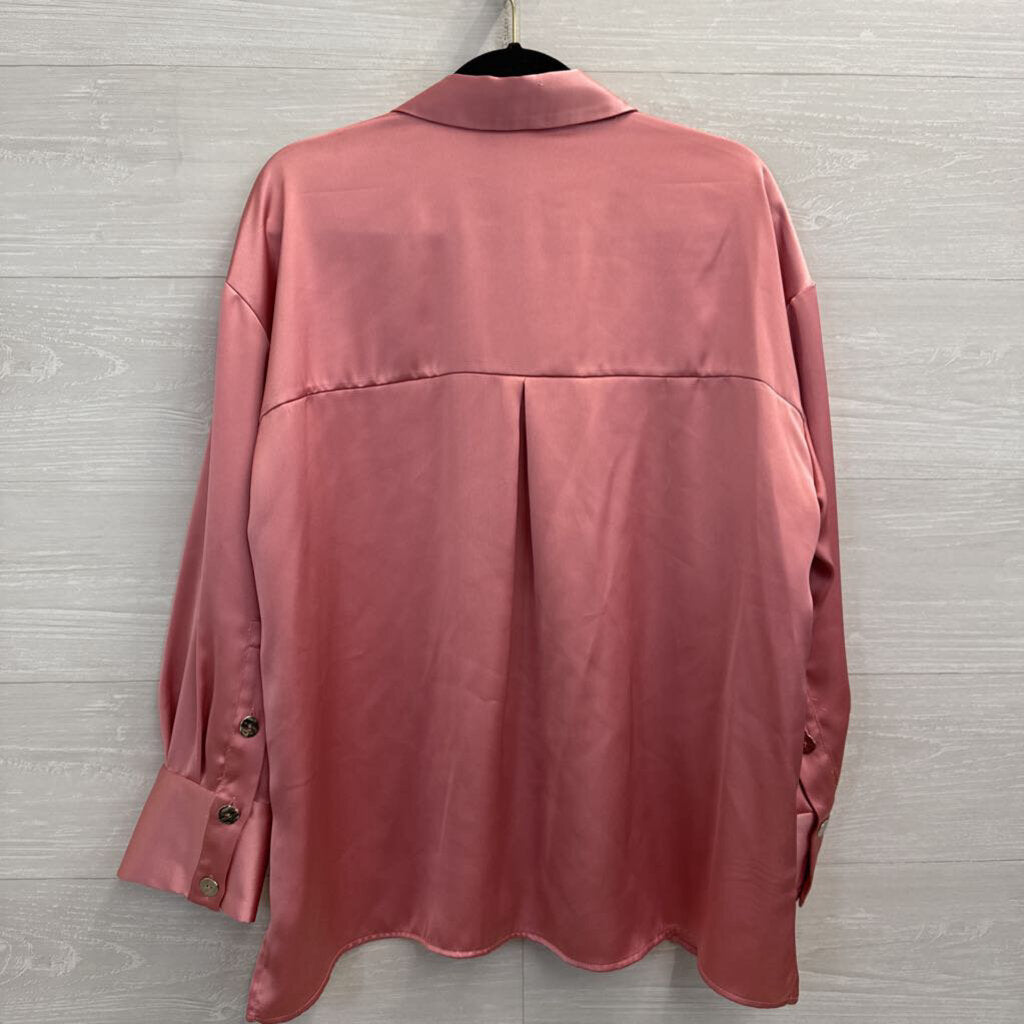 Zara Pink Silky Long Sleeve Button Down Top Large