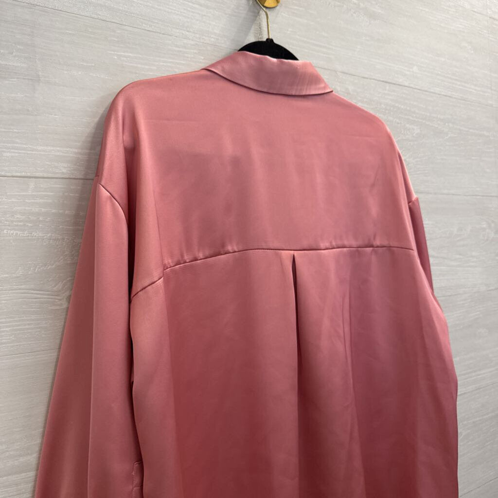 Zara Pink Silky Long Sleeve Button Down Top Large