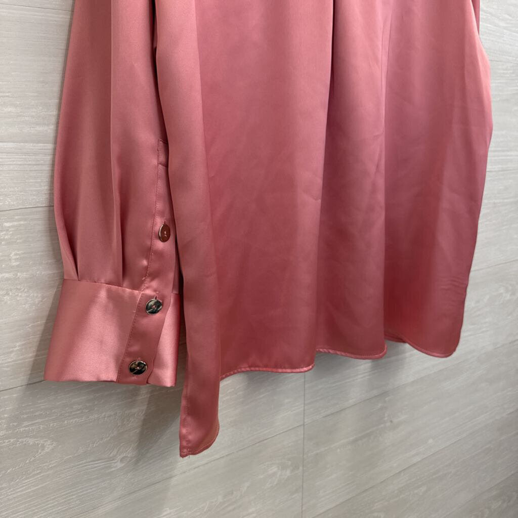 Zara Pink Silky Long Sleeve Button Down Top Large