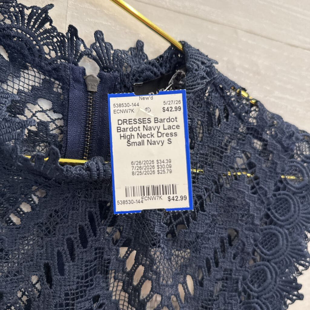 Bardot Navy Lace High Neck Dress Small