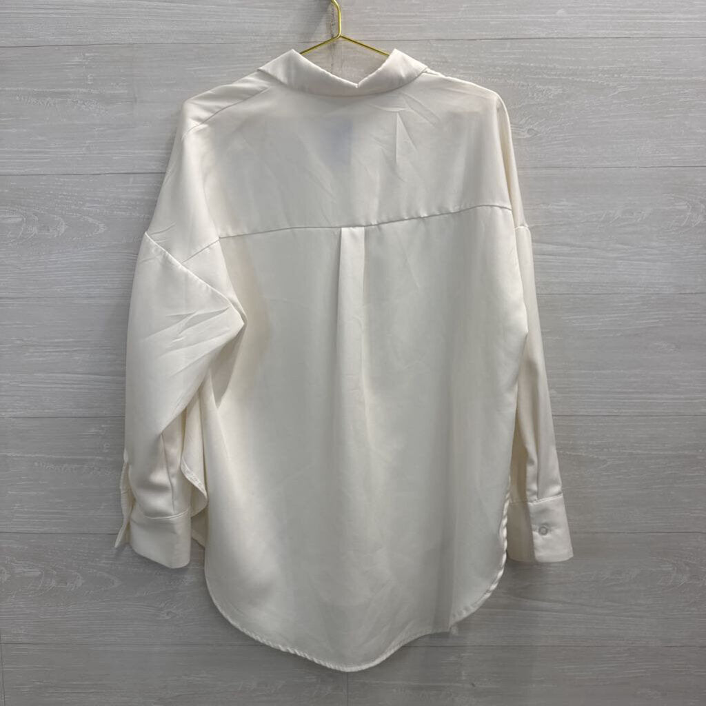 White Side Slit Long Sleeve Button Down Top Medium